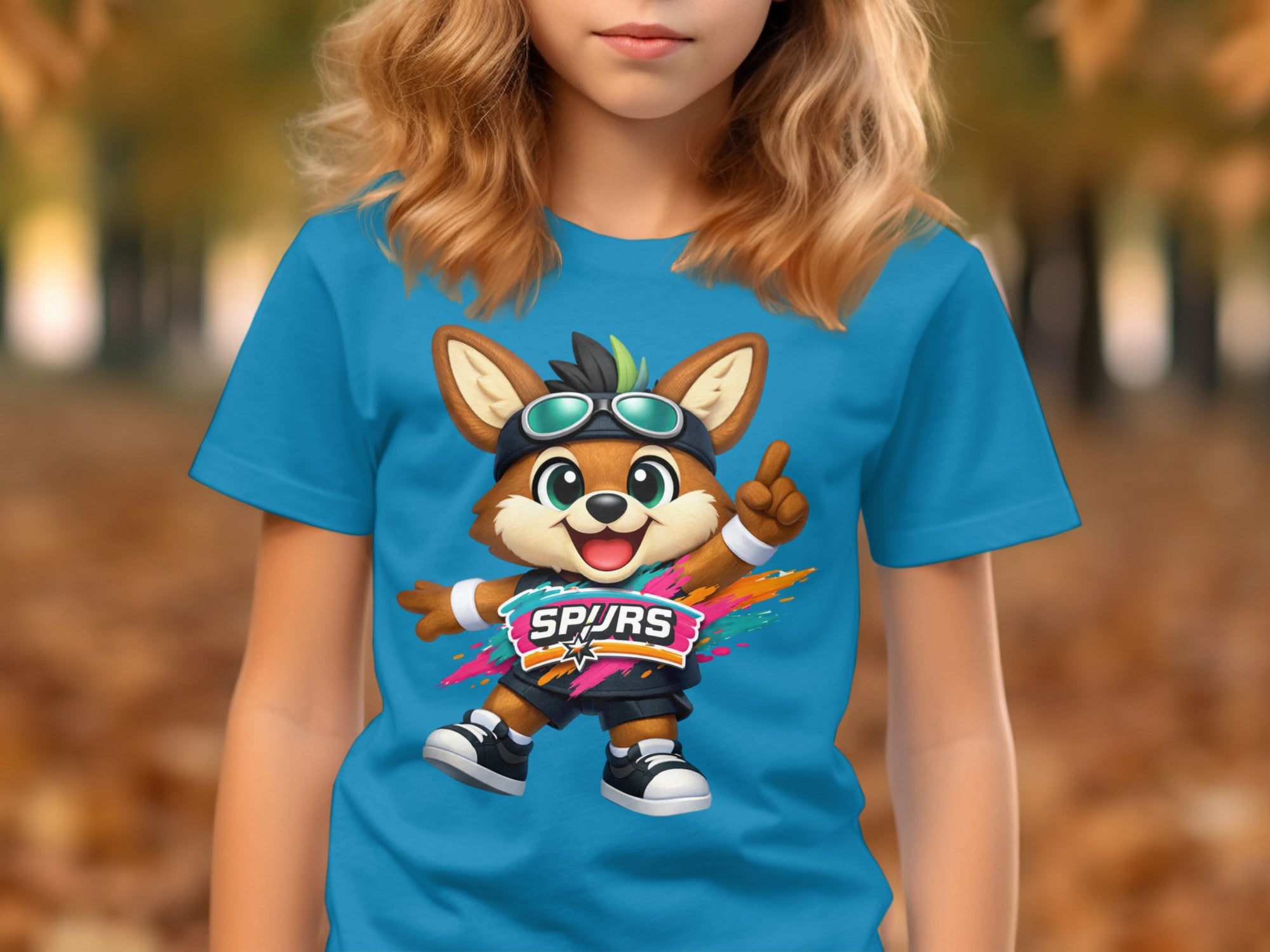 Cartoon fox mascot with "SPURS" logo on a blue t-shirt.
