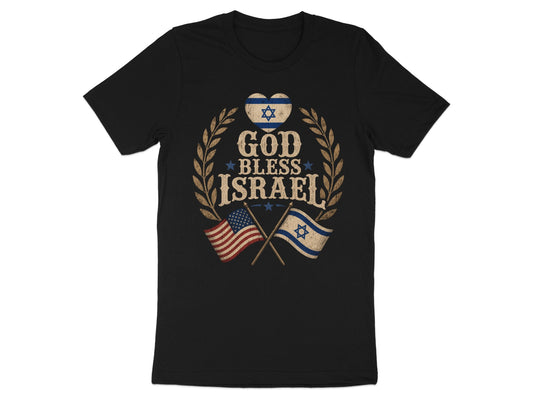 Black t-shirt with "God Bless Israel" text, olive branches, and crossed flags.