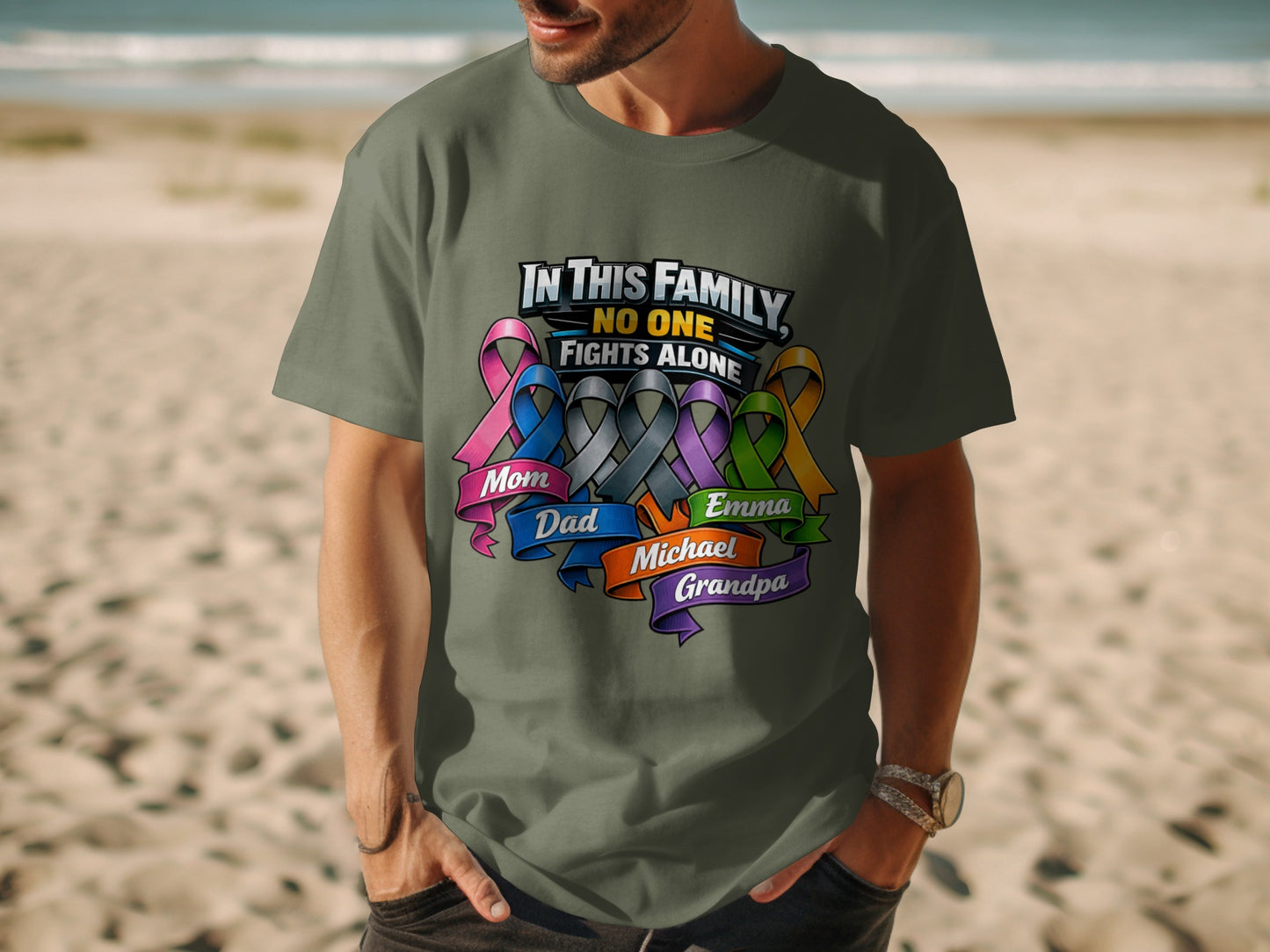 "In this family, no one fights alone" text with colorful ribbons and names.