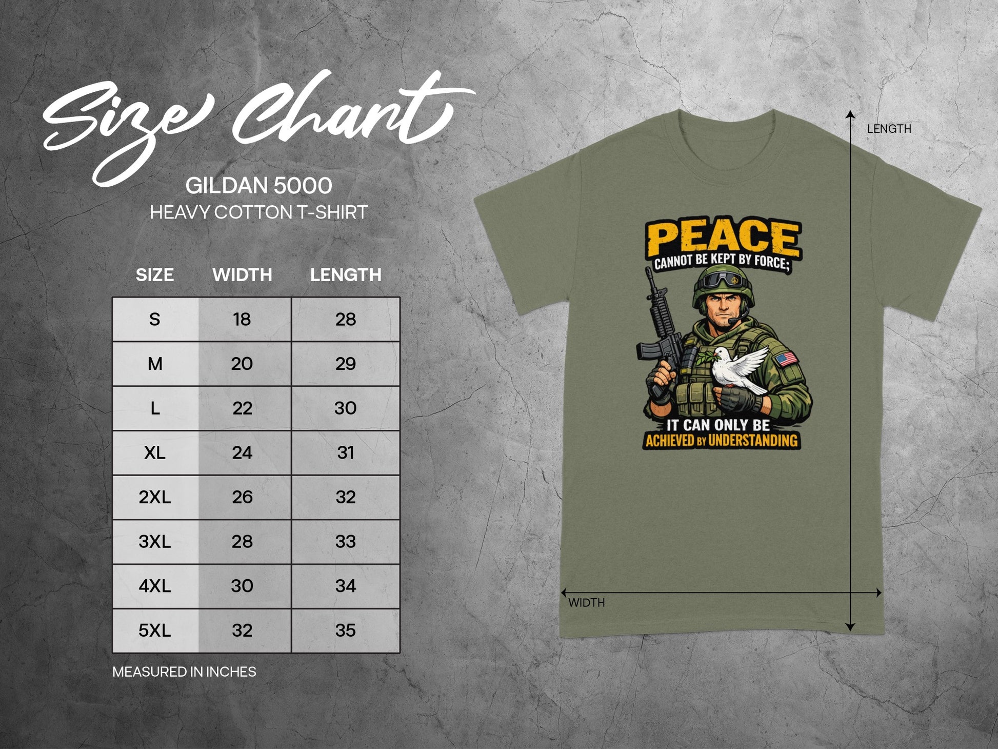 Gildan 5000 Heavy Cotton size chart with t-shirt graphic: soldier, dove, and text.