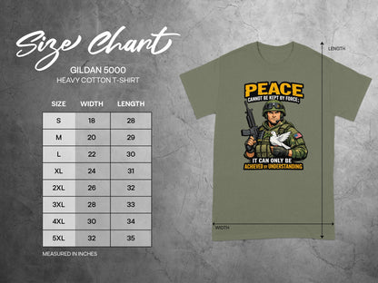 Gildan 5000 Heavy Cotton size chart with t-shirt graphic: soldier, dove, and text.