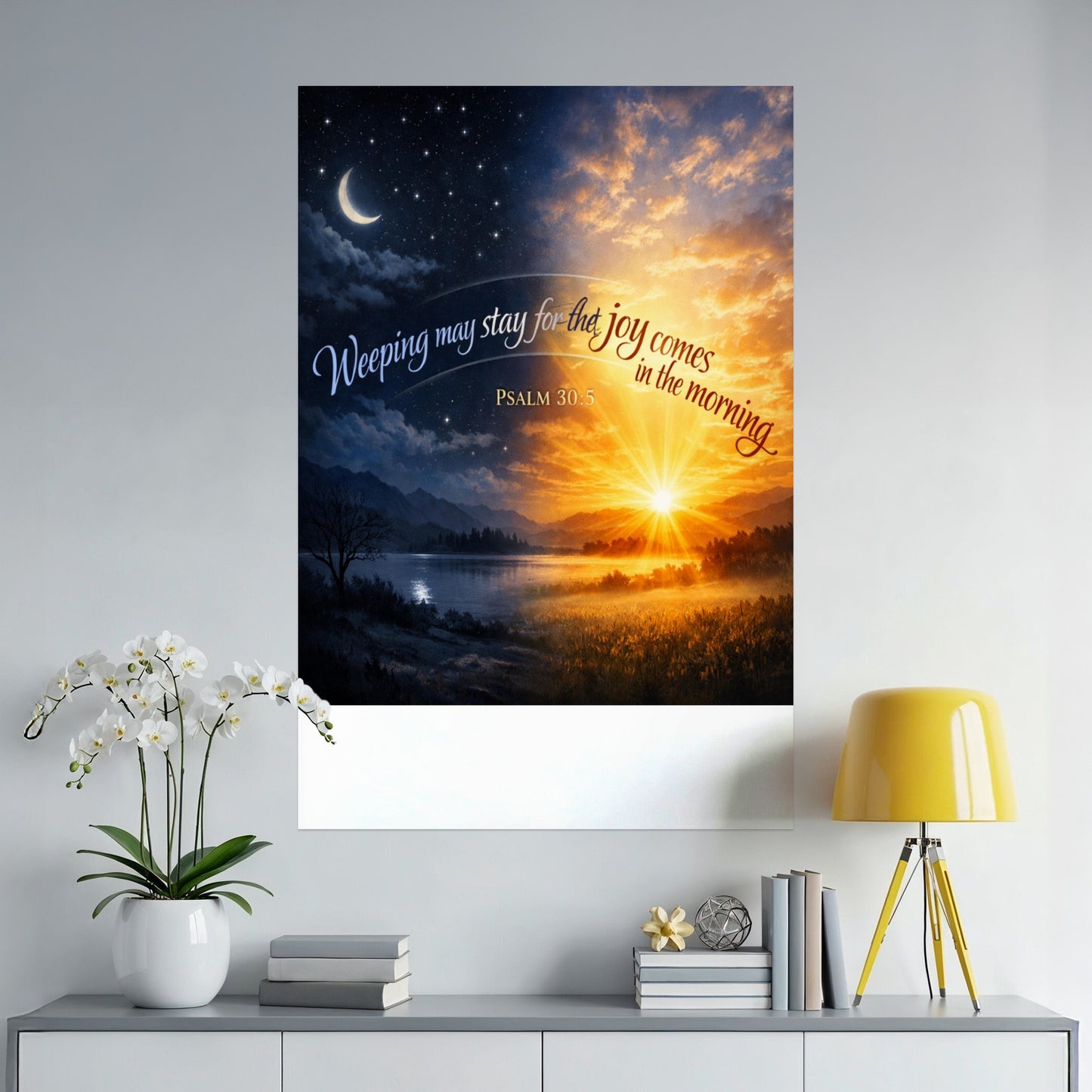 Artwork depicting split day and night landscape with text "Weeping may stay for the joy comes in the morning"
