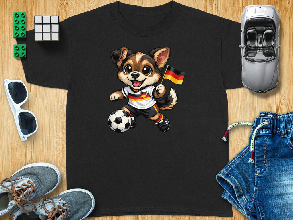 Cartoon dog in German soccer jersey kicks ball, holds German flag.