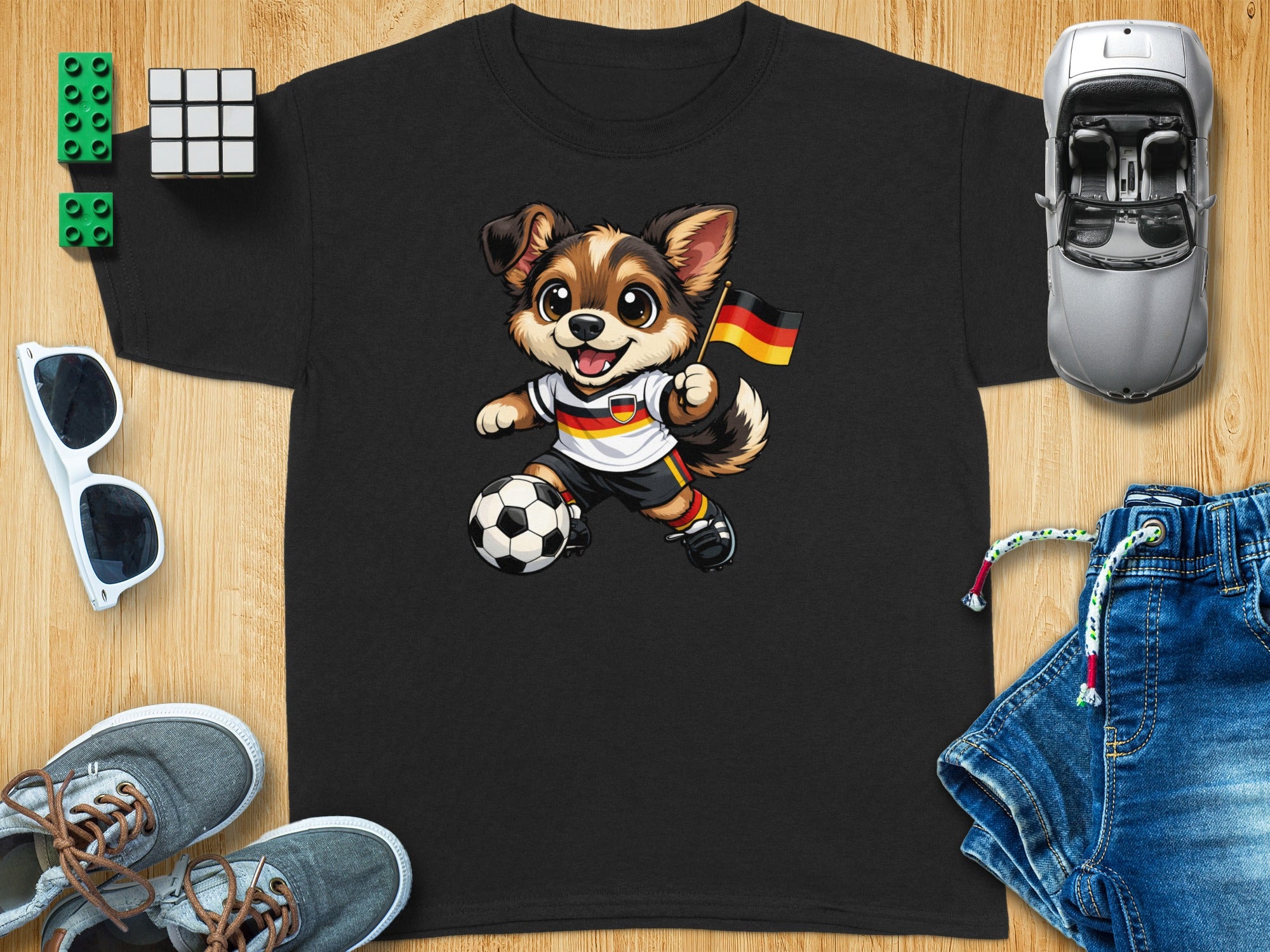 Cartoon dog in German soccer jersey kicks ball, holds German flag.