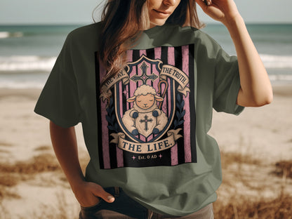 T-shirt with a graphic of a sheep, cross, and shepherd's crook with text "The Way, The Truth, The Life."