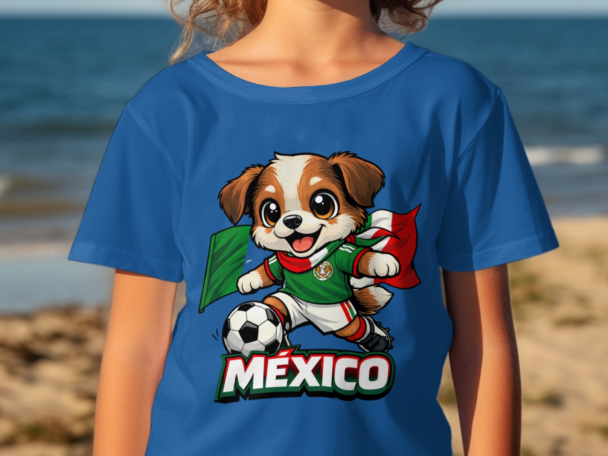 Cartoon dog in Mexico soccer uniform kicking a ball with Mexican flag.
