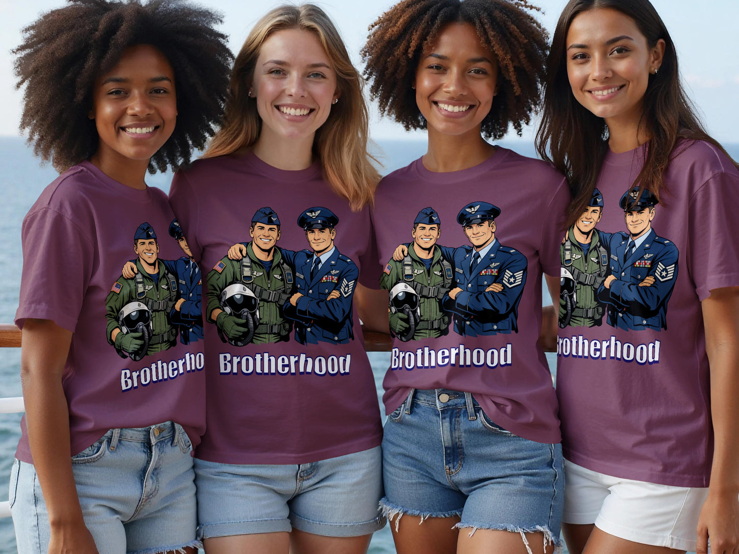 Four young women wear maroon t-shirts featuring an illustration of two airmen and the word "Brotherhood".
