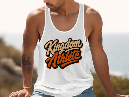 White tank top with bold "Kingdom Athlete" text in tan and orange.