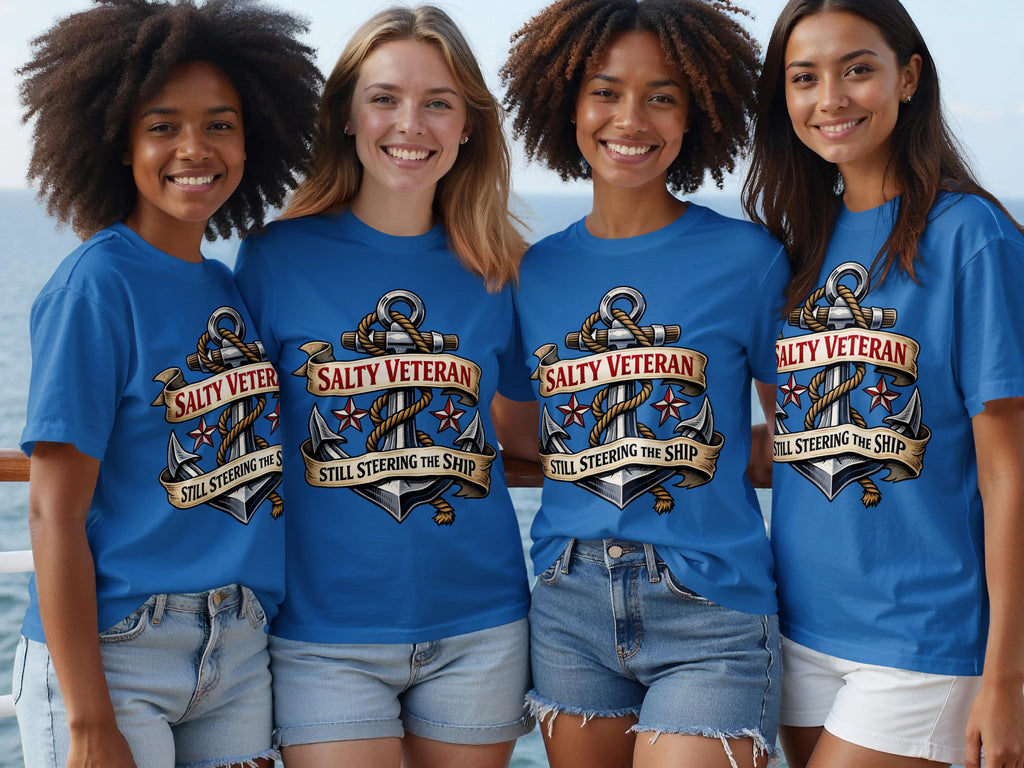Four women in blue t-shirts with anchor graphic: "Salty Veteran Still Steering the Ship."