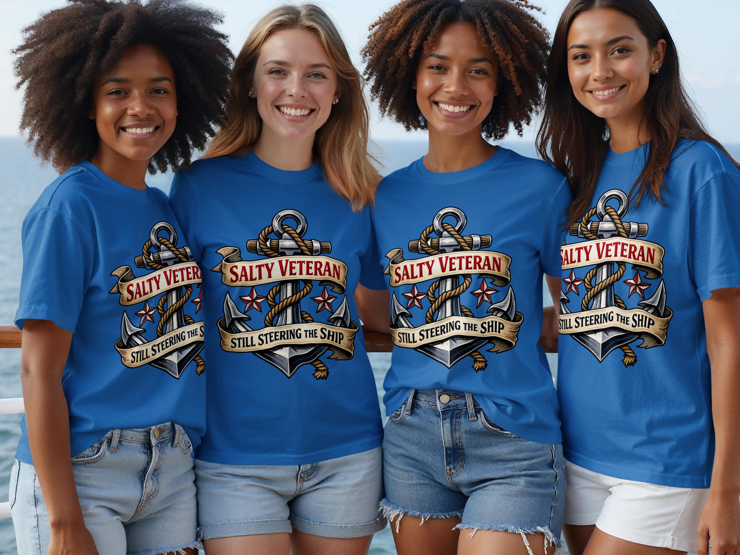 Four women in blue t-shirts with anchor graphic: "Salty Veteran Still Steering the Ship."