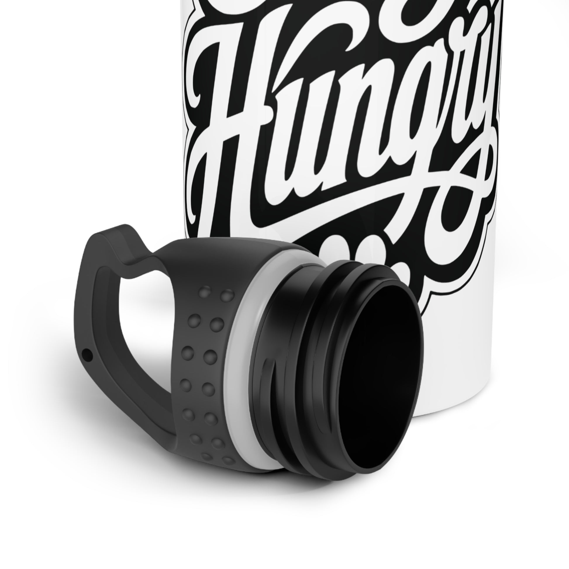 White water bottle with black "Hungry" text and a detached black lid.