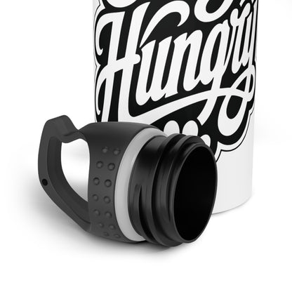 White water bottle with black "Hungry" text and a detached black lid.