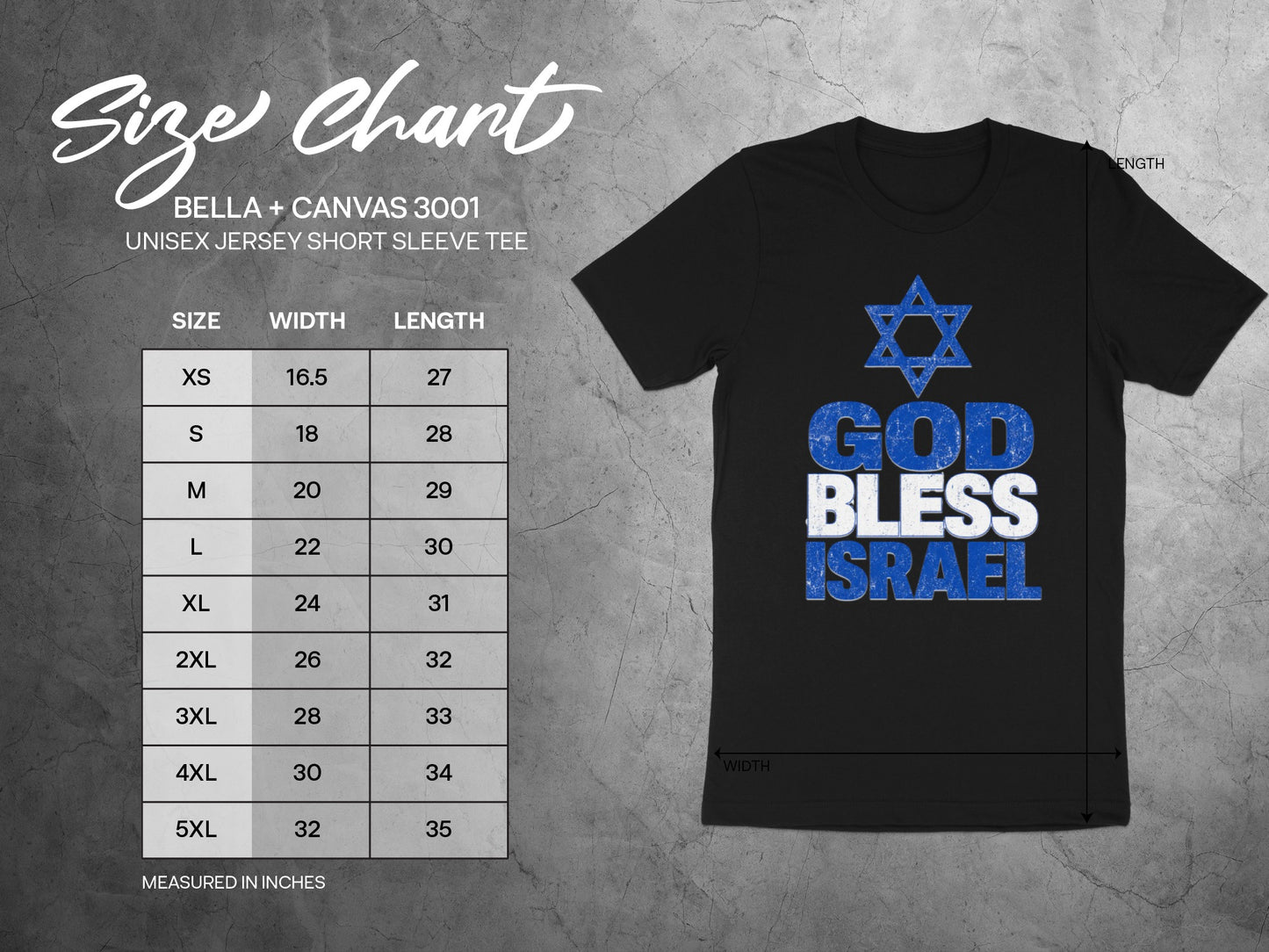 BELLA + CANVAS 3001 unisex tee size chart with measurements in inches.