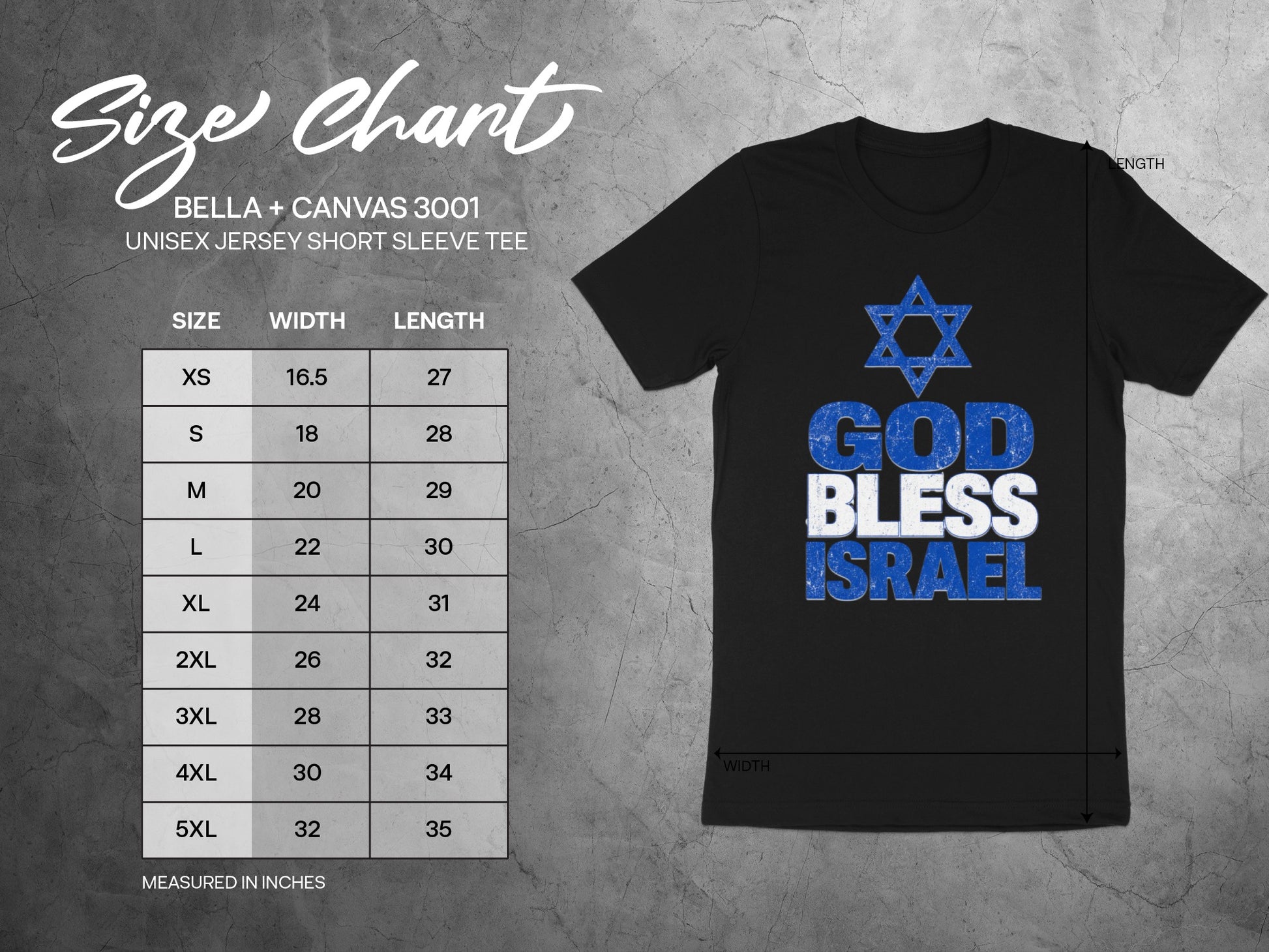 BELLA + CANVAS 3001 unisex tee size chart with measurements in inches.