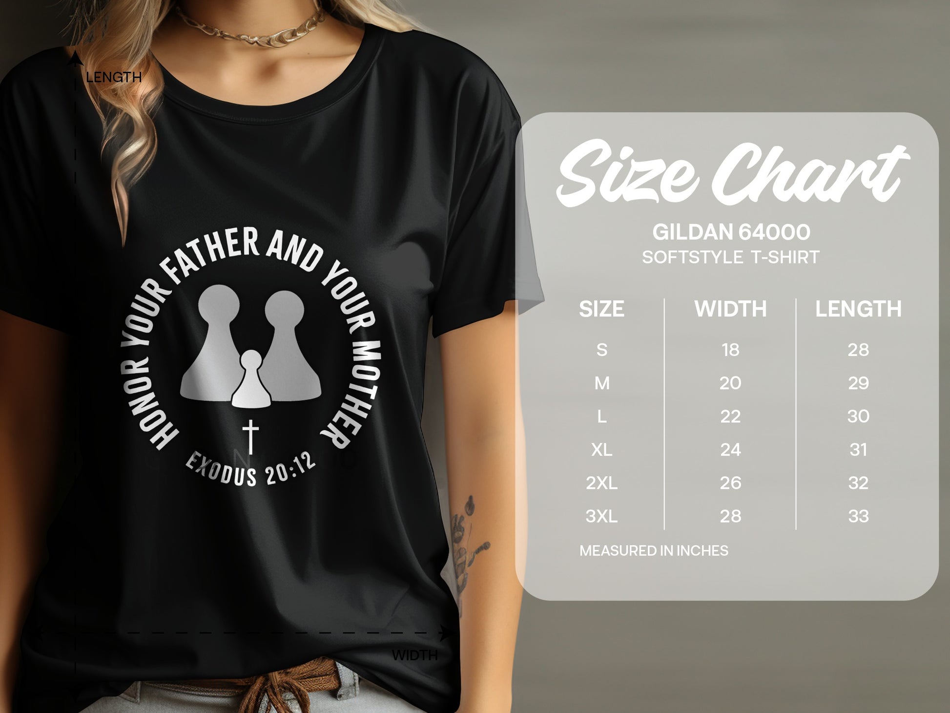 Black t-shirt with front graphic and Gildan size chart.