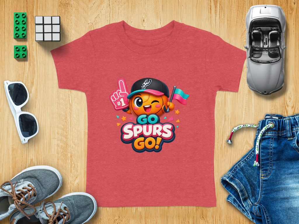 Red t-shirt with cartoon basketball character and "GO SPURS GO!" text.