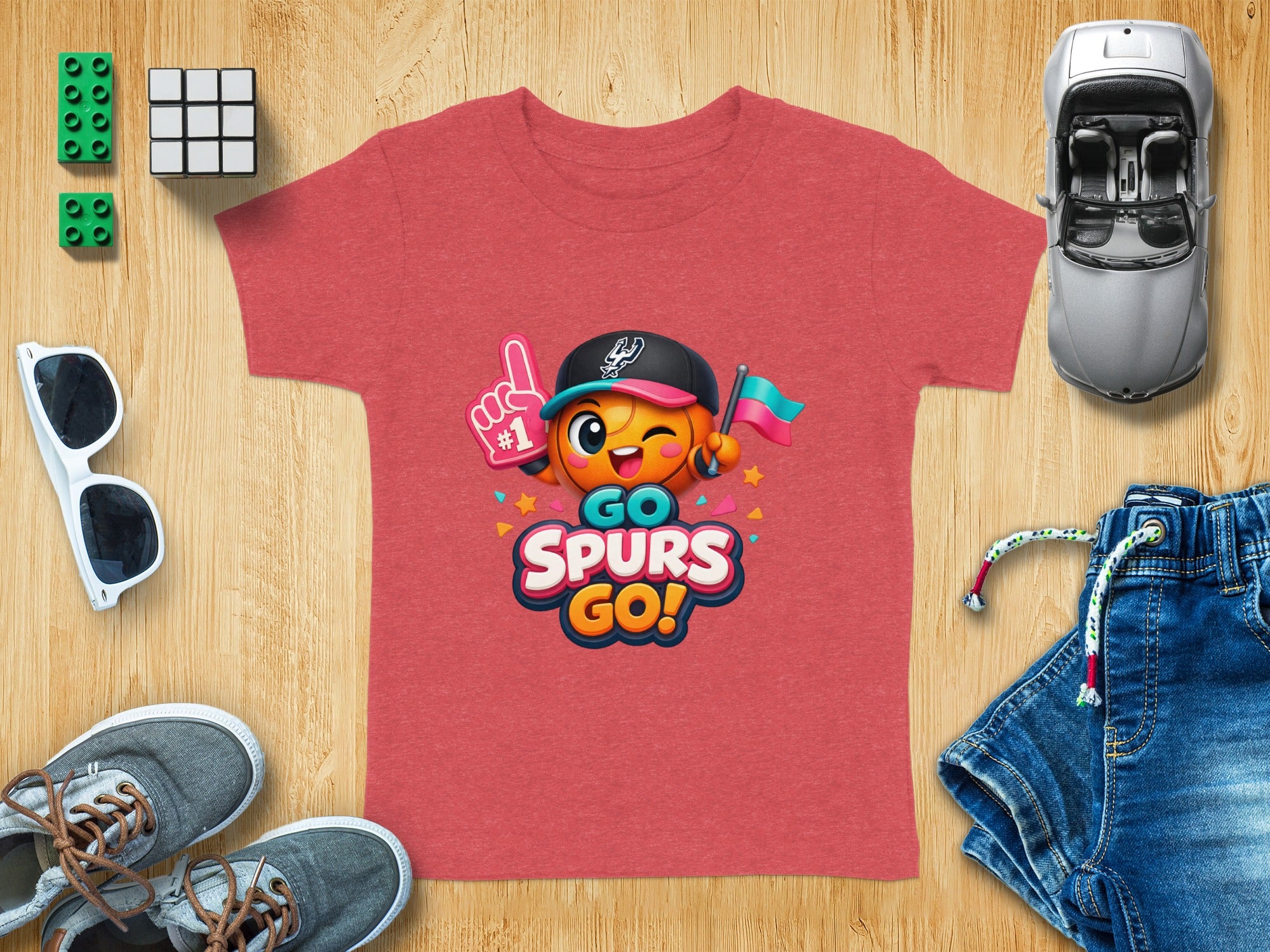 Red t-shirt with cartoon basketball character and "GO SPURS GO!" text.
