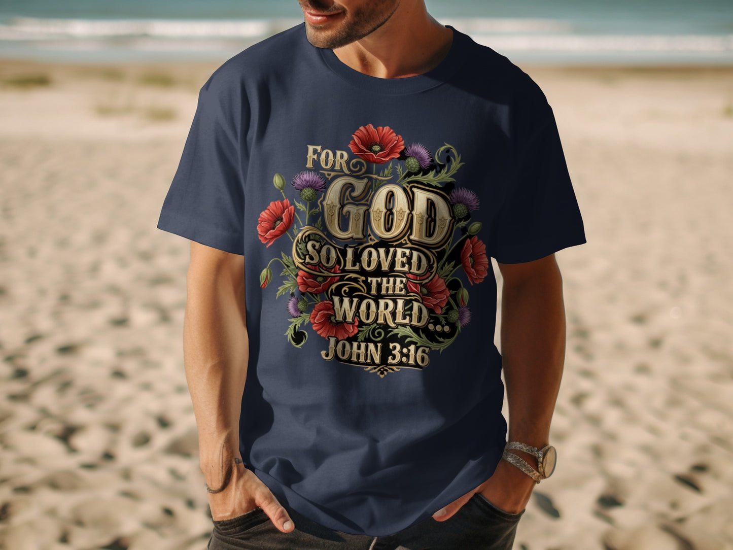 Navy t-shirt with "For God so loved the world John 3:16" and floral design.