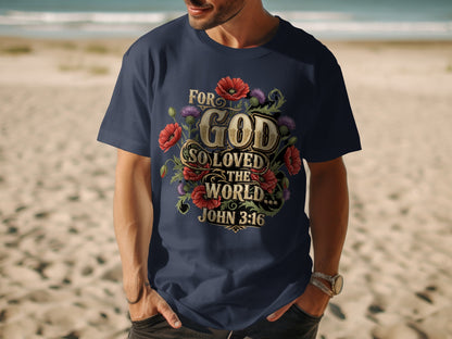 Navy t-shirt with "For God so loved the world John 3:16" and floral design.