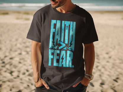 Dark grey t-shirt with blue "FAITH > FEAR" text and mountain graphic.