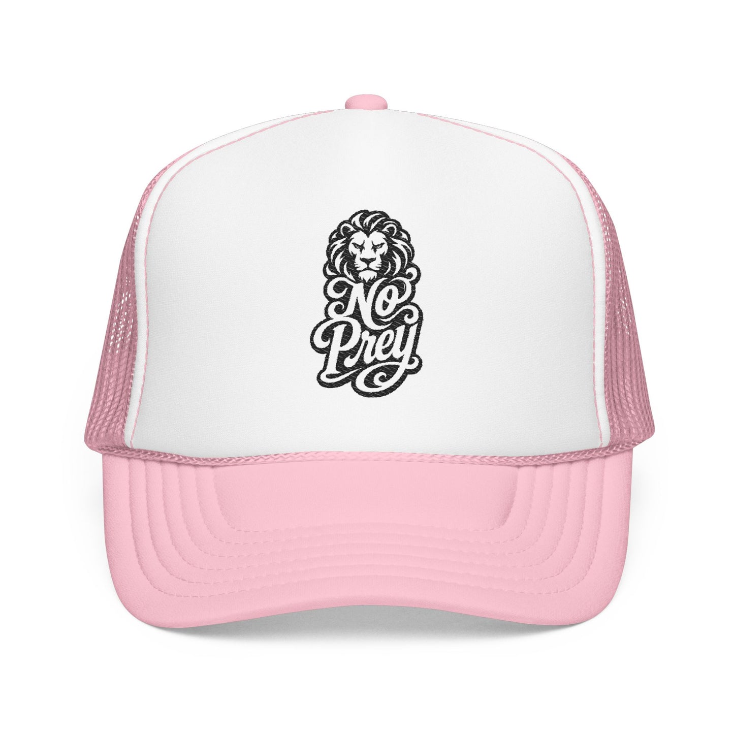 Pink and white trucker hat with black lion logo and "No Prey" text.