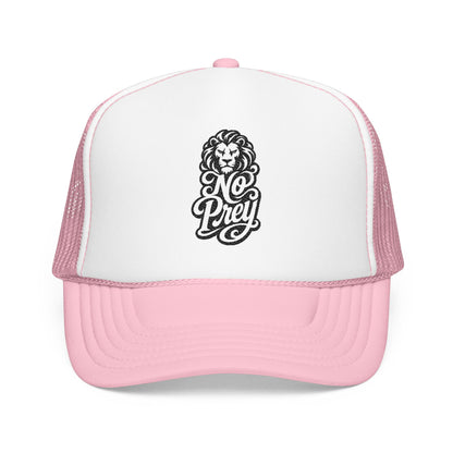 Pink and white trucker hat with black lion logo and "No Prey" text.