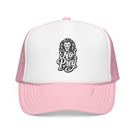 Pink and white trucker hat with black lion logo and "No Prey" text.