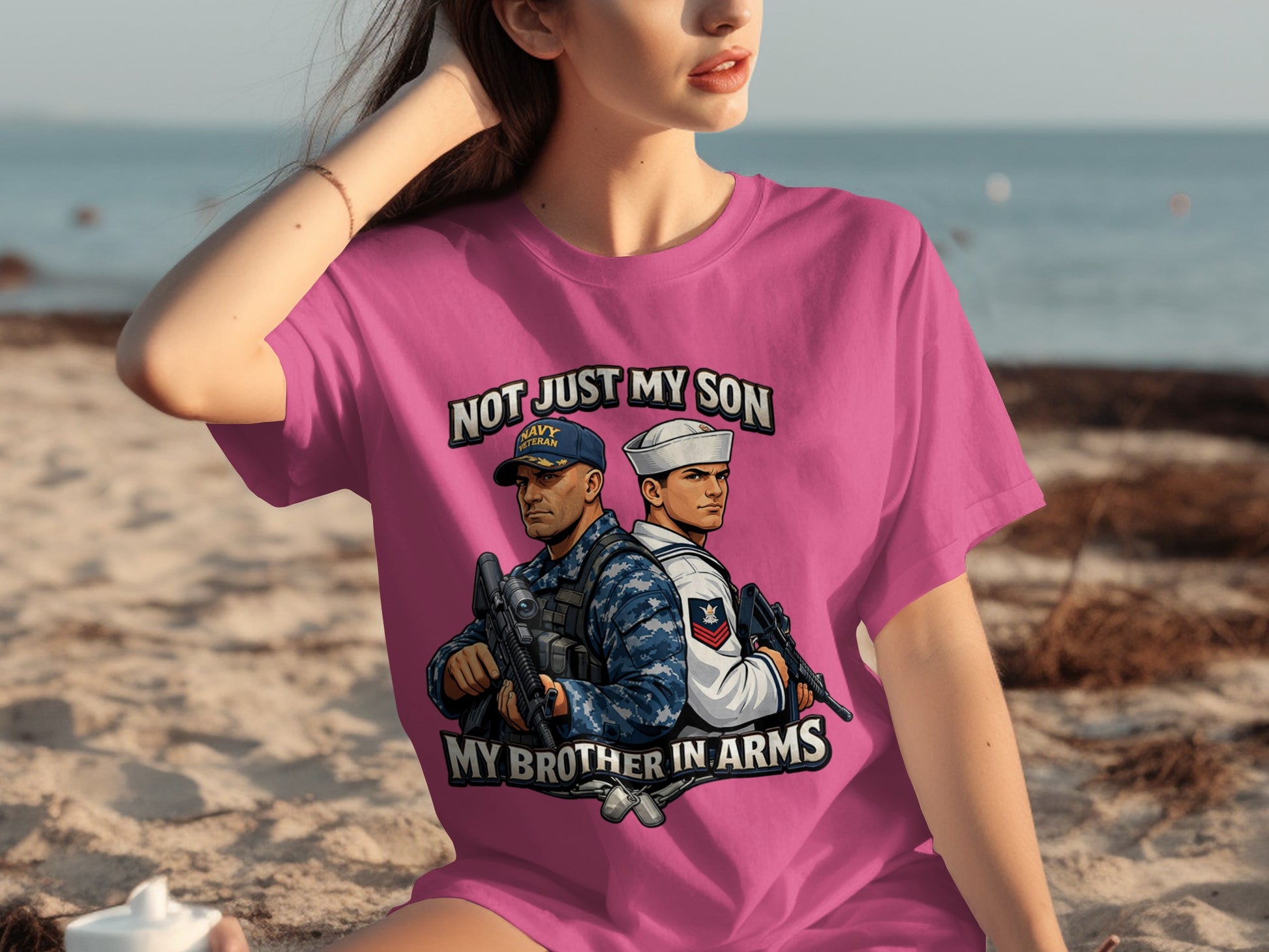 Pink t-shirt with "Not Just My Son My Brother In Arms" text and military graphics.