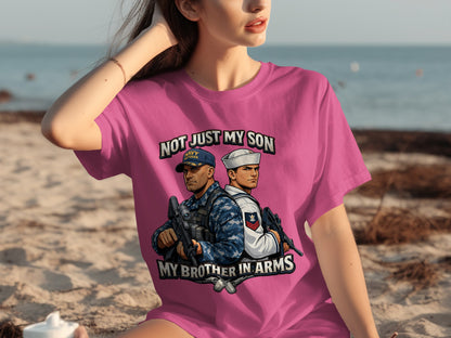 Pink t-shirt with "Not Just My Son My Brother In Arms" text and military graphics.