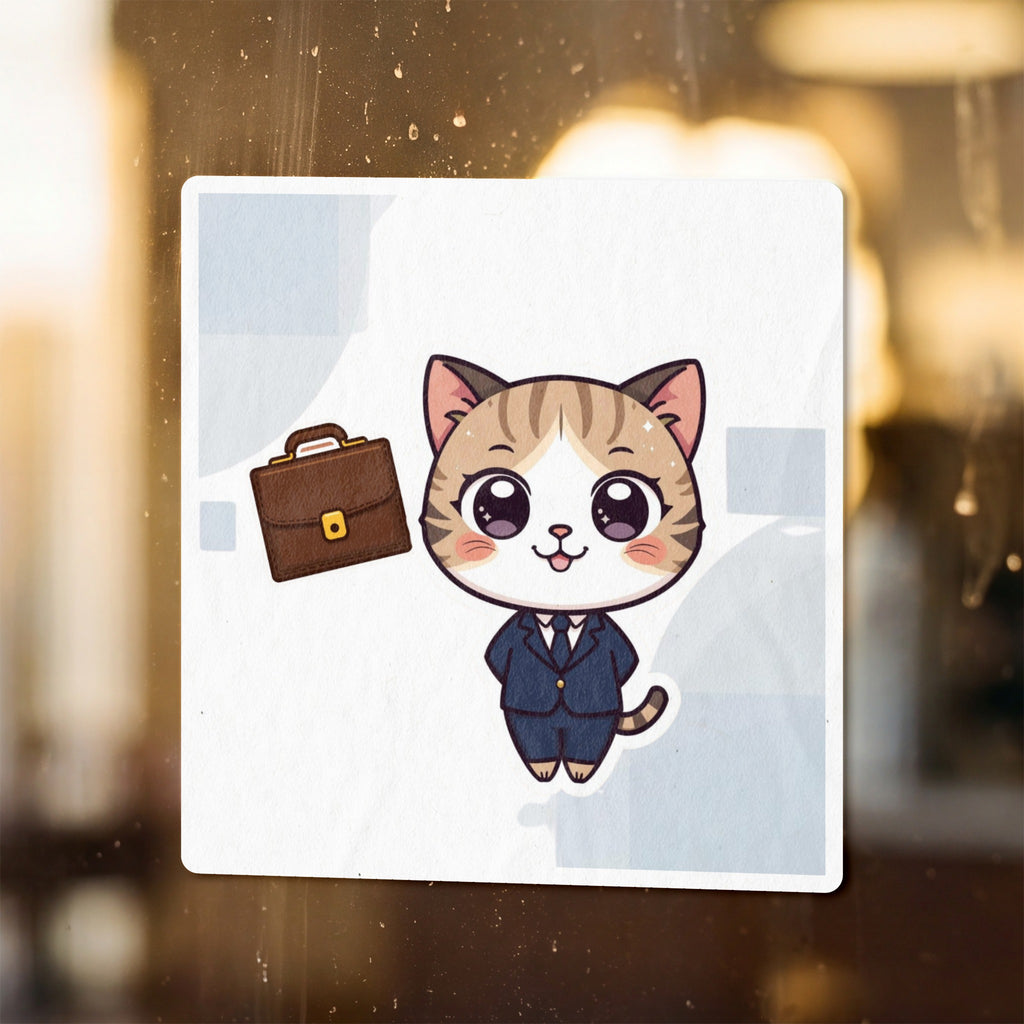 Cartoon cat wearing a suit and tie with a briefcase.