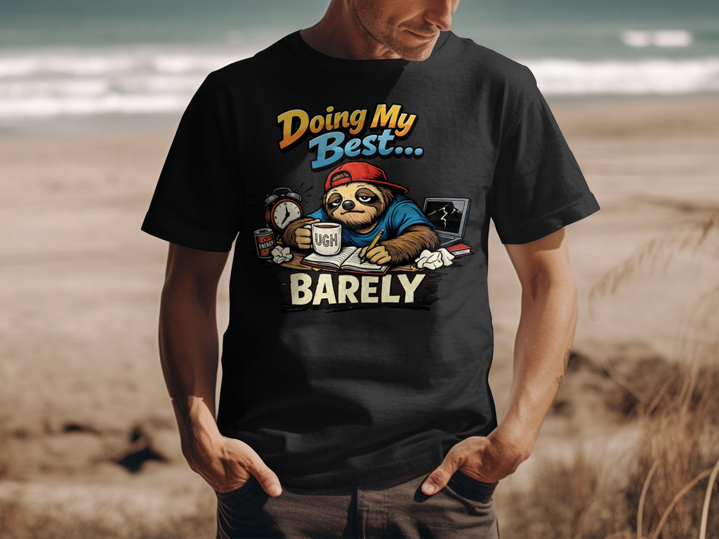 Black t-shirt with sloth design reading "Doing My Best... Ugh Barely."