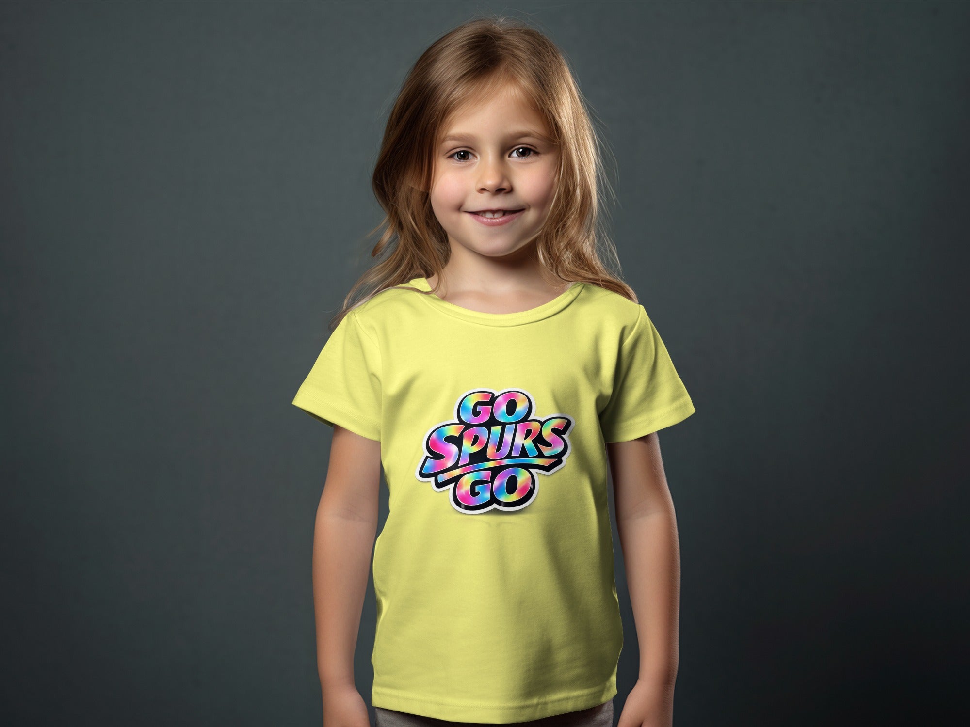 Girl in yellow t-shirt with "GO SPURS GO" text graphic.