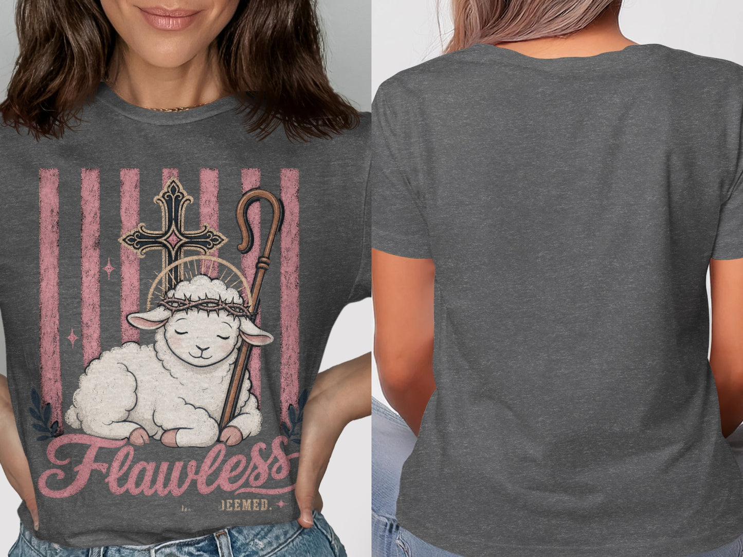 Sheep with cross and shepherd's crook on dark grey t-shirt with pink stripes.
