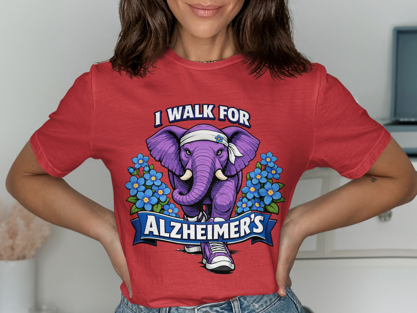 Red t-shirt with purple elephant graphic that reads "I Walk For Alzheimer's".