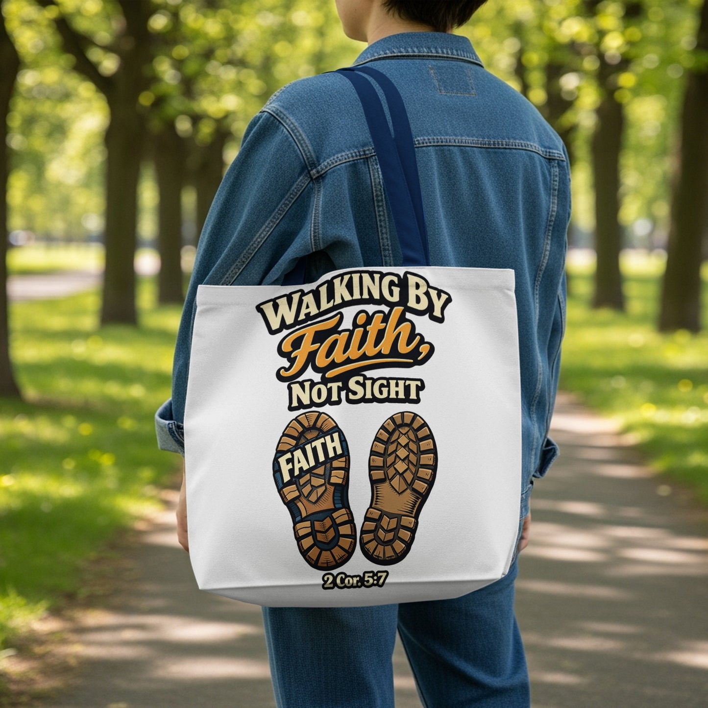 Tote bag with "Walking by Faith not Sight" and boot prints with "Faith".