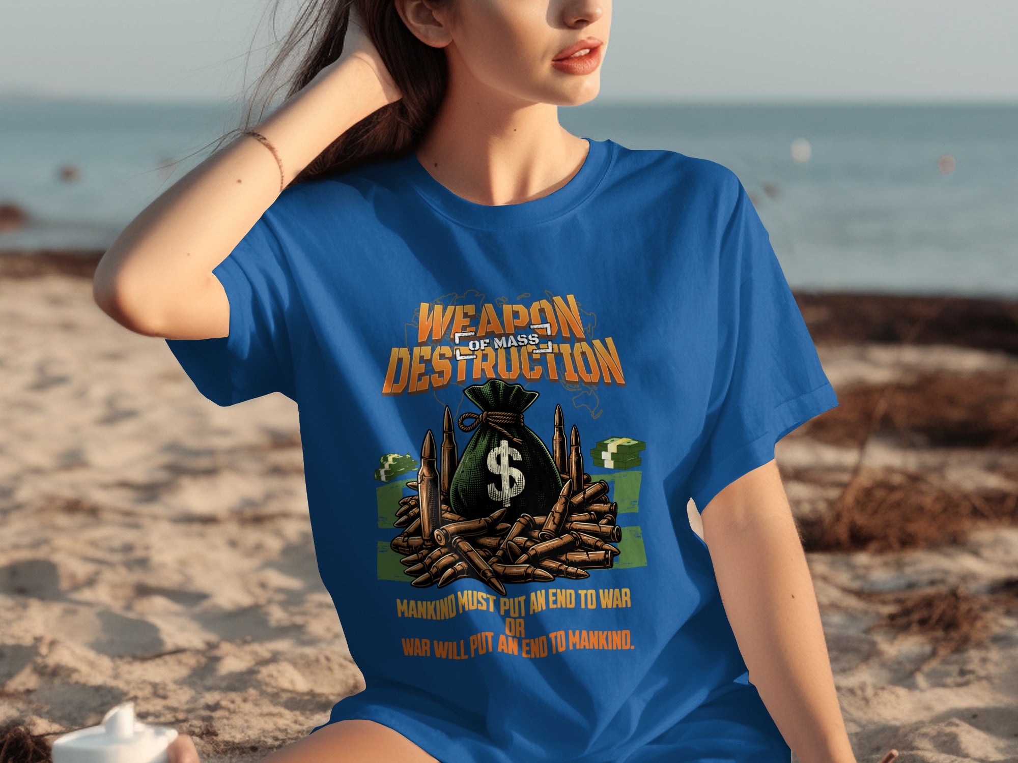Blue t-shirt with "Weapon of Mass Destruction" text, money bag, and bullets.
