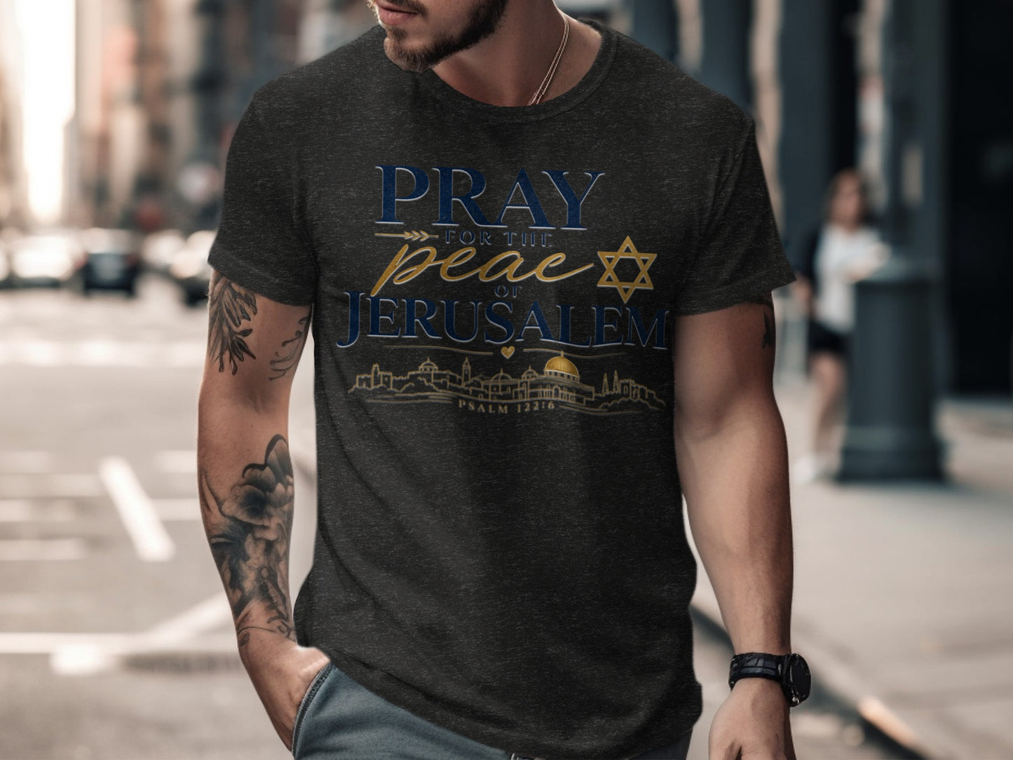 Dark grey t-shirt with "Pray for the peace of Jerusalem" and skyline design.