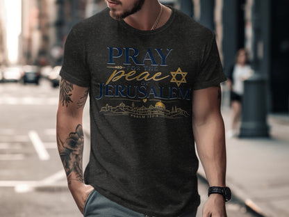 Dark grey t-shirt with "Pray for the peace of Jerusalem" and skyline design.