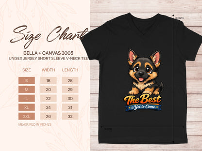 Black v-neck tee with German Shepherd graphic and size chart. Measures in inches.