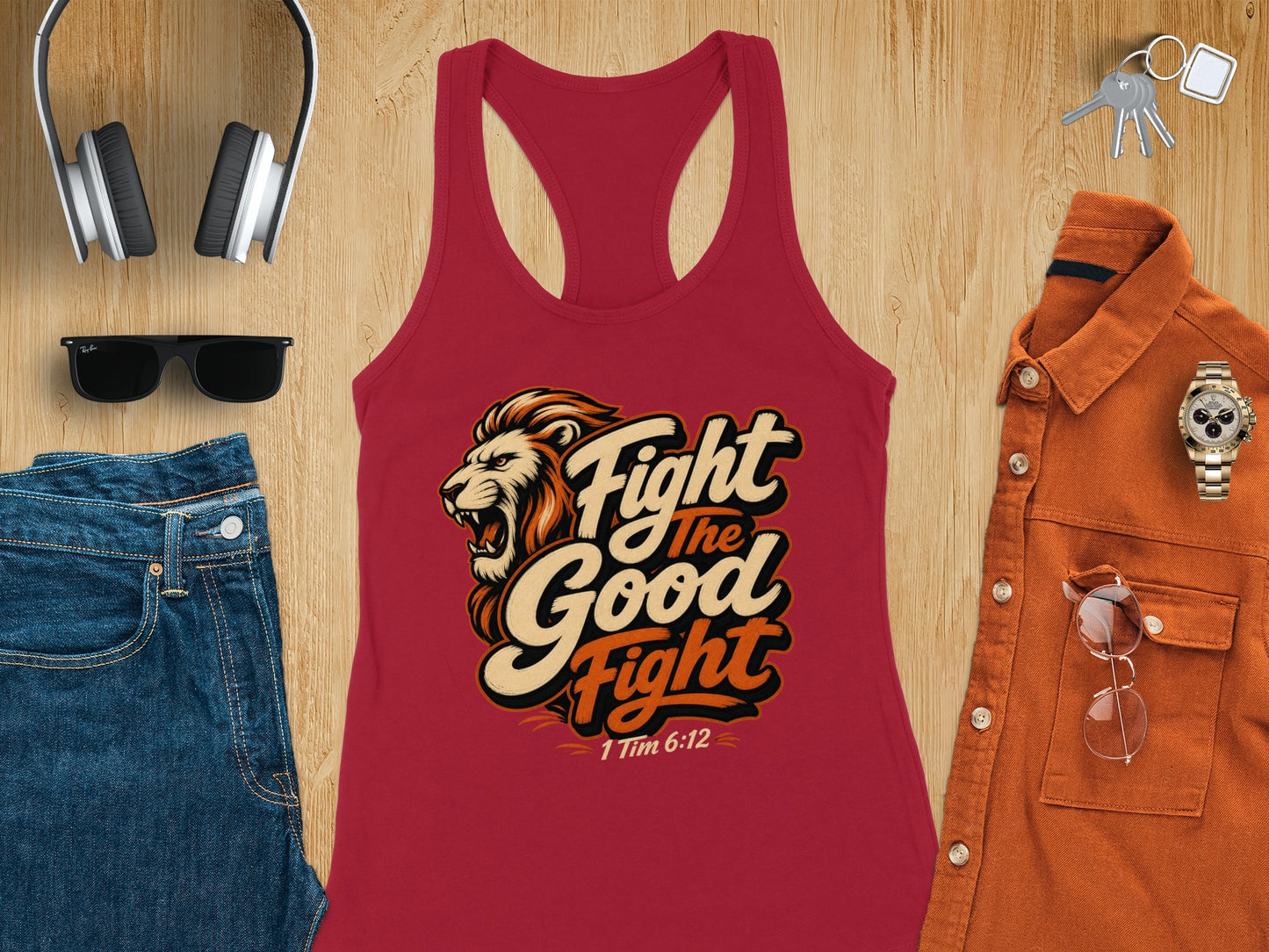Red tank top with a lion graphic and "Fight the Good Fight 1 Tim 6:12".