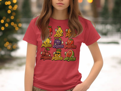 Red t-shirt with cartoon fruits representing 'love, joy, peace, patience, kindness, goodness, faithfulness, gentleness, self-control'.