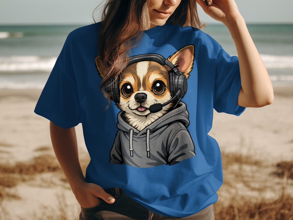 Blue t-shirt with an illustration of a chihuahua wearing headphones and a hoodie.