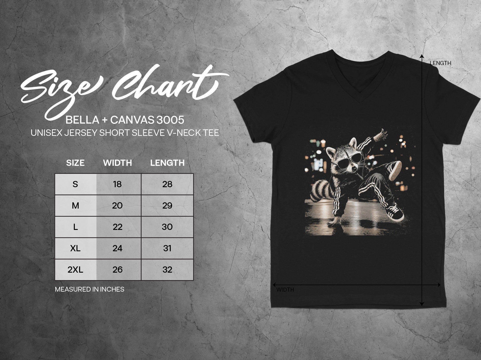 Size chart for Bella + Canvas 3005 unisex v-neck tee, with measurements in inches.