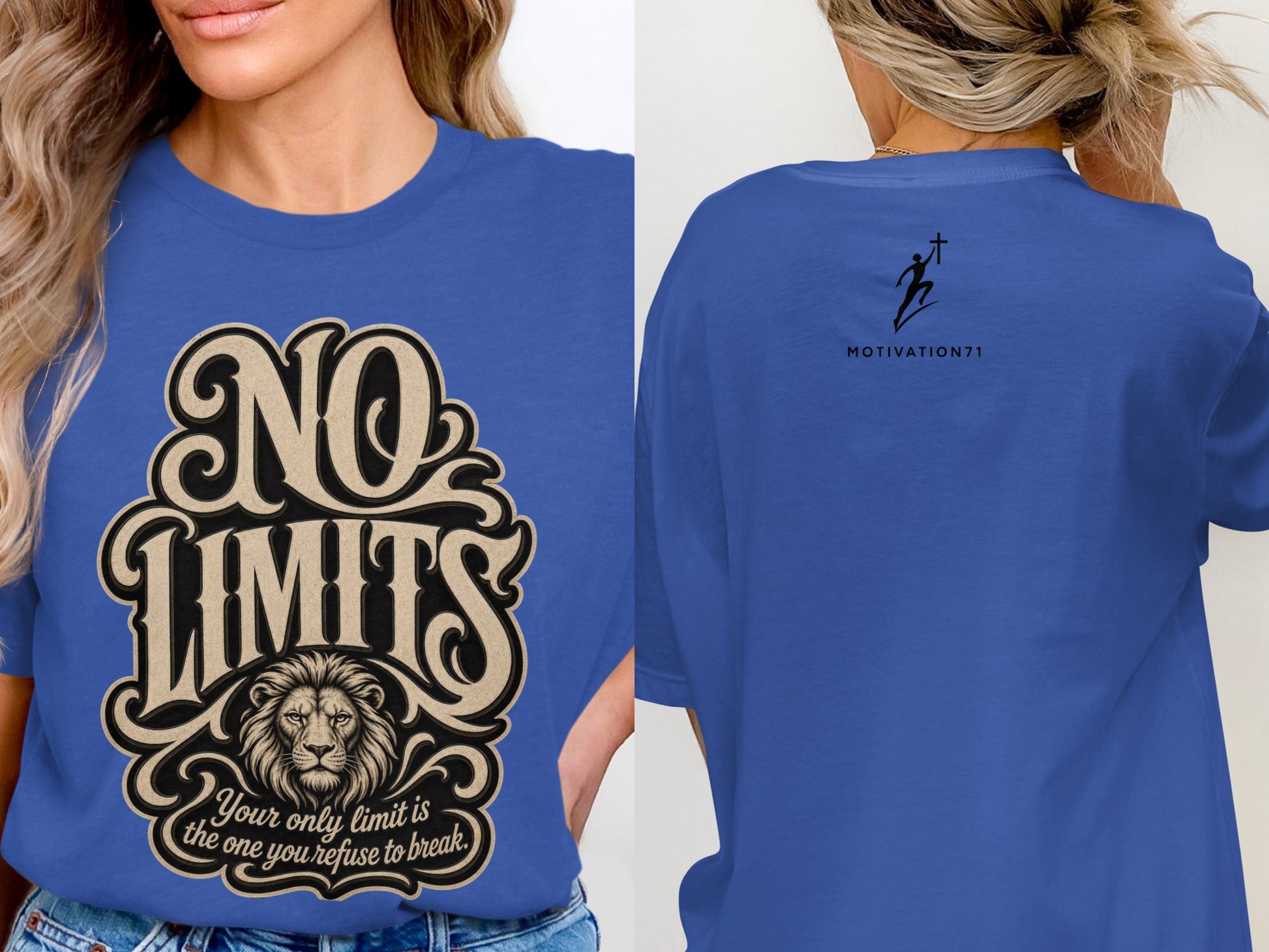 Blue t-shirt with "NO LIMITS" and lion graphic; back has running figure with cross and "MOTIVATION71".