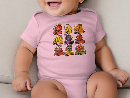 Pink baby bodysuit with a nine-panel fruit illustration and text.