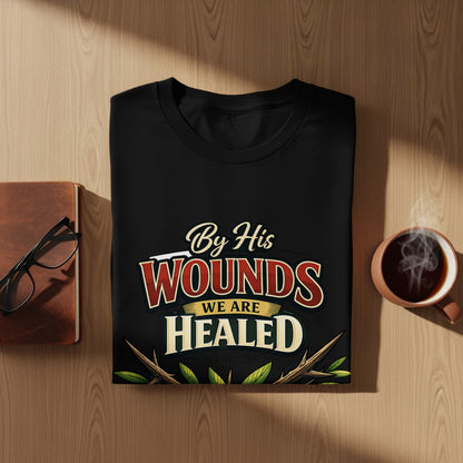 Black t-shirt with "By His Wounds We Are Healed" and Isaiah 53:5 text.