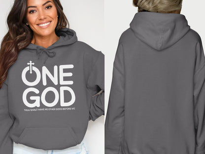 Dark gray hoodie with "ONE GOD" and biblical text, shown front and back.