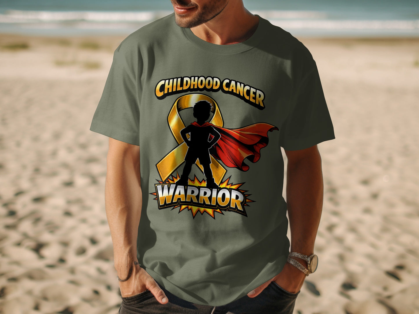 Green t-shirt with "Childhood Cancer Warrior" graphic featuring a superhero silhouette and gold ribbon.