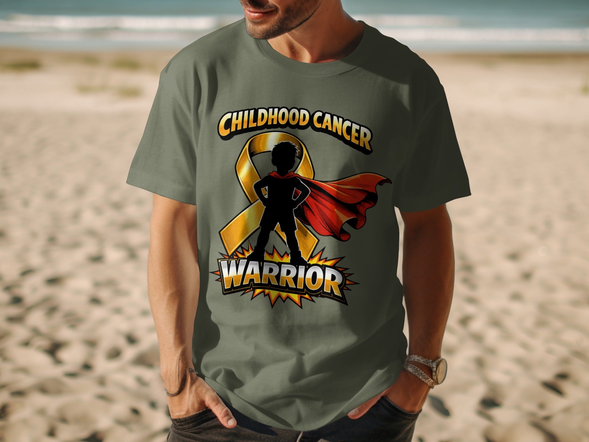 Green t-shirt with "Childhood Cancer Warrior" graphic featuring a superhero silhouette and gold ribbon.