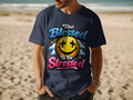 Navy t-shirt with "Too Blessed To Be Stressed" and smiley face graphic.